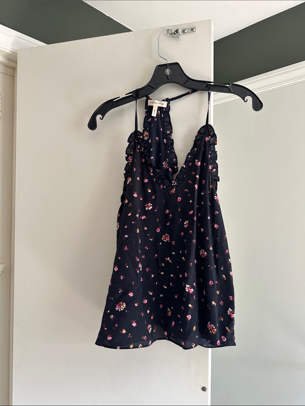 Rebecca Taylor Black Floral Ruffle Halter Camisole with Pink Flowers
